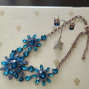 Teal Blue Crystal Floral Statement Necklace With Matching Stud Earrings